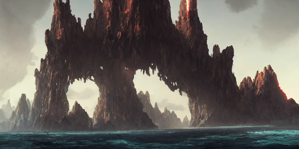Prompt: Underworld caverns with epic spires of rock, obsidian towers in the distance, magma ocean, cozy wallpaper, 4k, trending on Artstation, award-winning, art by Greg Rutkowski