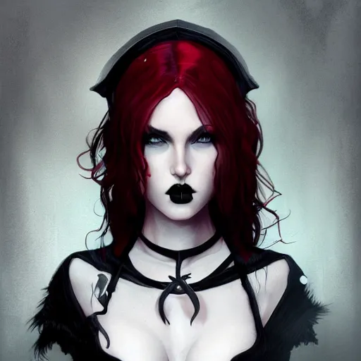 Prompt: a woman wearing a gothic outfit, red hair, highly detailed, digital painting, artstation, concept art, smooth, sharp focus, illustration