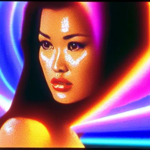 Prompt: a VHS still of a concept art with a photo of Tia Carrere in a vaporwave artwork composition, Windows98 logo, in the movie Lifeforce (1985) 8k, intricate, pastel colors