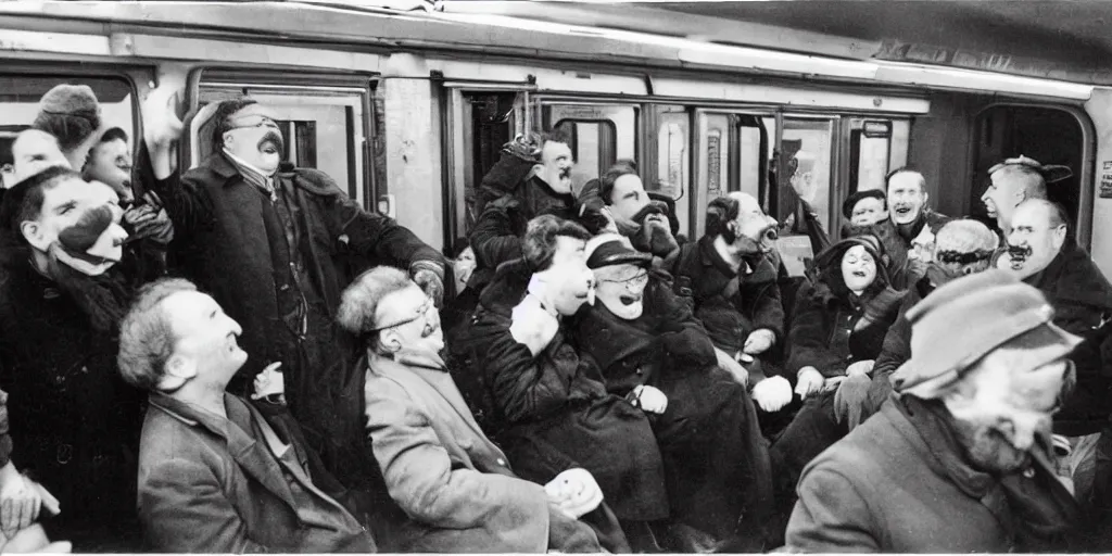 Image similar to a large stream of people in a subway car, there is a middle-aged man with a Hussar moustache, two people are standing to his right and laughing loudly