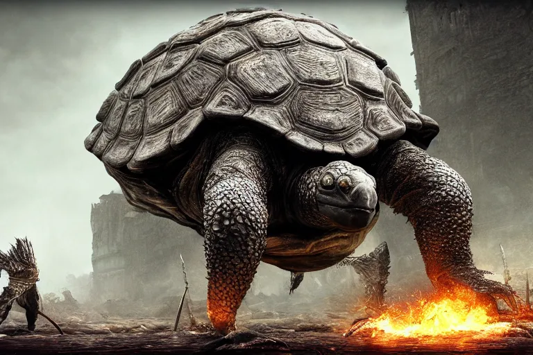 Prompt: a giant tortoise with spiked shell and sharp claws being pulled below the ground, dark souls inspired, elden ring inspired, octane render, rtx, unreal engine 5, digital painting, trending on artstation, highly detailed, epic composition, 8 k uhd