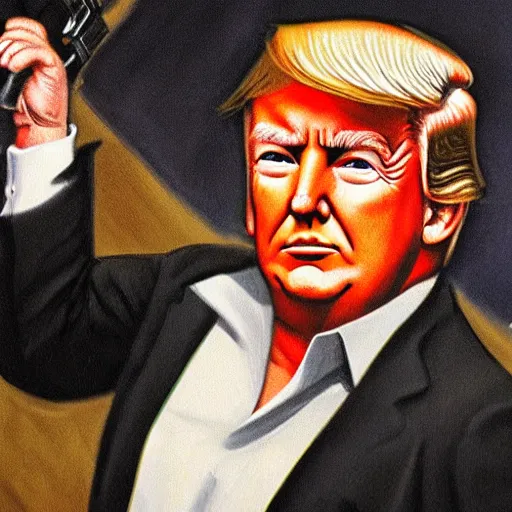 Prompt: trump holding machine gun in a portrait