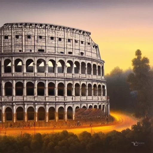 Prompt: exterior view of modern futuristic roman colosseum architecture, view overlooking the city, detailed luminescent oil painting 4 k