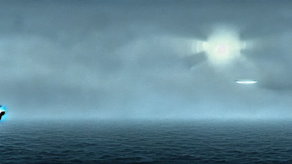 Image similar to a giant white spherical spaceship descends upon a cloudy beach off the cliffs of Dover, film still from the movie directed by Denis Villeneuve with art direction by Zdzisław Beksiński, wide lens