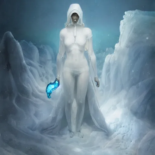 Image similar to a hyperrealistic illustration of a human in the Arctic, white long clothes, snow on the body, blue transparent ice with fractal sunlight, award-winning, masterpiece, in the style of Tom Bagshaw, Cedric Peyravernay, Peter Mohrbacher