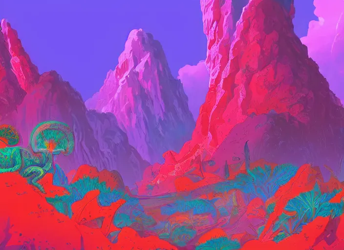 Image similar to psychedelic art of a mountain shaped like a dinosaur, jungle landscape, detailed, cel shaded, by makoto shinkai and moebius and anton fadeev and james gurney