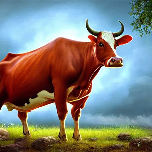 Prompt: A detailed and realistic painting of a cow with 8k resolution, in the artistic style of fantasy art