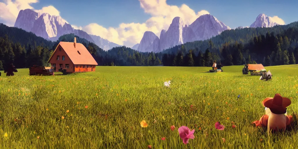 Image similar to a ultra photorealistic and sharp film still of an a sunny and colourful open field in 1 9 1 6 in the middle of the bavarian alps, germany. wide shot, frog perspective, wes anderson, studio ghibli, pixar and disney animation, octane render, anime key art by greg rutkowski, dramatic lighting, award winning photography