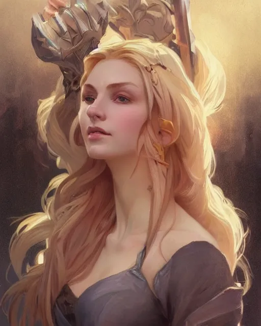 Image similar to '' Portrait of Beautiful blonde Slavic woman, league of legends, LOL, fantasy, d&d, digital painting, artstation, concept art, sharp focus, illustration, art by greg rutkowski and alphonse mucha ''