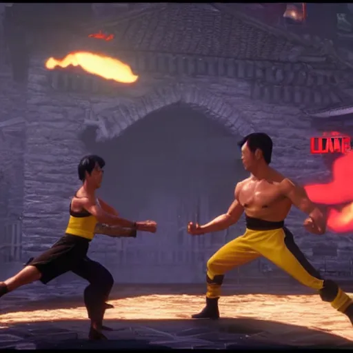 Prompt: gameplay screenshot of bruce lee vs donald duck in mortal kombat 1 1,