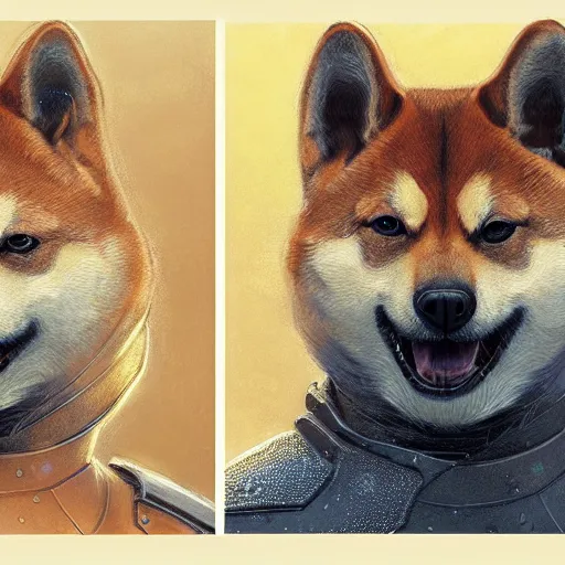 Image similar to realistic anthropomorphic shiba inu, in avalon armor set, science fiction, glowing aura, by donato giancola and greg rutkowski and wayne barlow and zdzisław beksinski, realistic face, visible face, digital art, artstation, symmetry