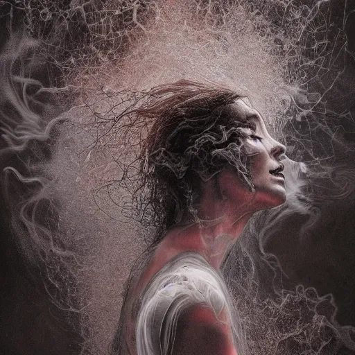 Image similar to hyperrealism fluid smoke art splash melt ghost woman representing memories from long ago hd 8 k by gustave dore and michaelangelo