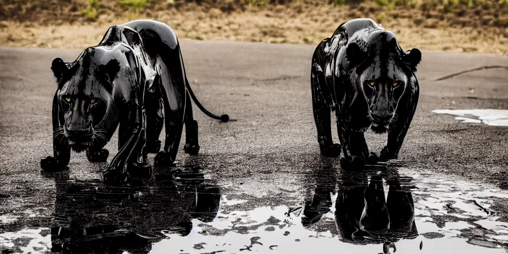 Image similar to the black lioness made of ferrofluid, dripping tar, drooling ferrofluid, crawling out of the air vent. dslr, photography, animal photography, goo, reflections, sticky, melting