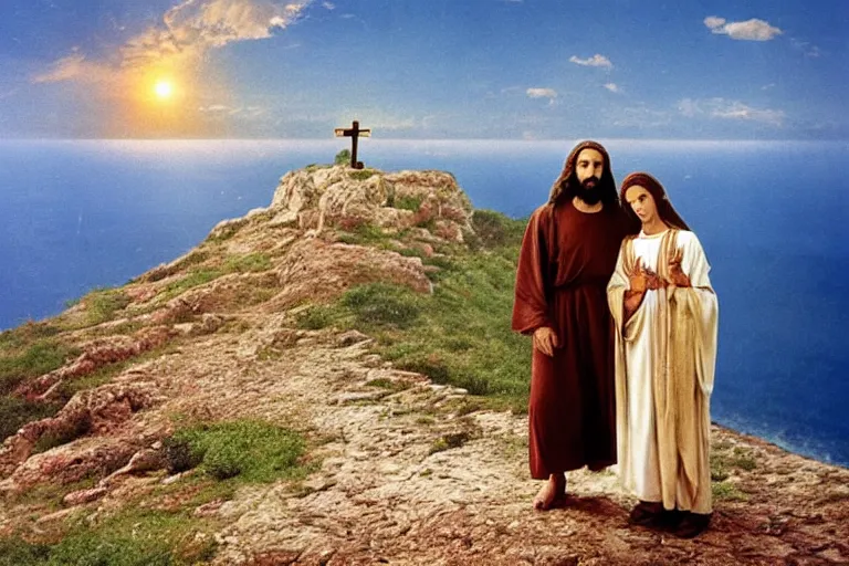 Prompt: a unique old analog color photo of jesus and mary magdalene standing on a cliff looking over a beautiful landscape, award winning photo, very realistic