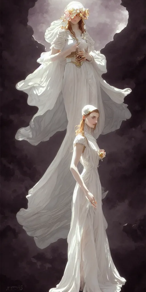 Image similar to woman dressed in a vaporous wrapped large victorian white roses silk semi-transparent dress fashion is running D&D, fantasy, intricate, elegant, highly detailed, digital painting, artstation, concept art, matte, sharp focus, illustration, art by Artgerm and Greg Rutkowski and Alphonse Mucha