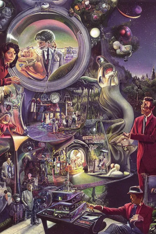 Prompt: an airbrush painting of an elaborate hidden object scene of the tv show the twilight zone ( 1 9 6 0 ) by destiny womack, gregoire boonzaier, harrison fisher, richard dadd