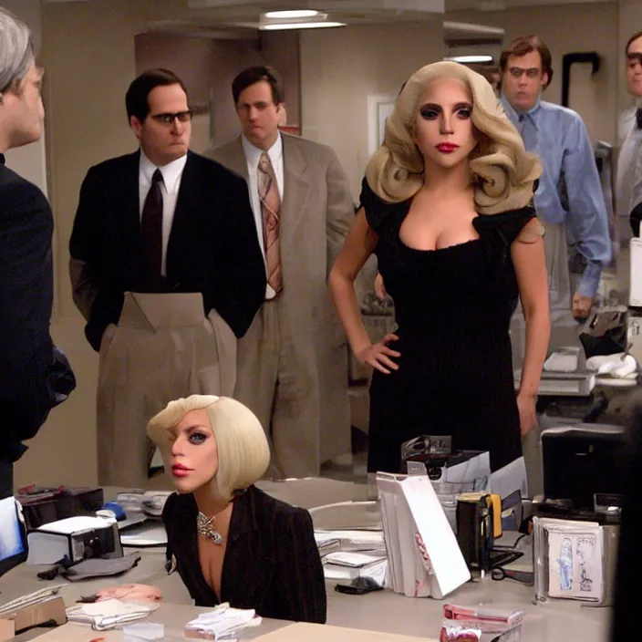 Prompt: lady gaga looking at the camera, from the office ( 2 0 0 5 ), detailed background, in the middle of dwight schrute and michael scott.