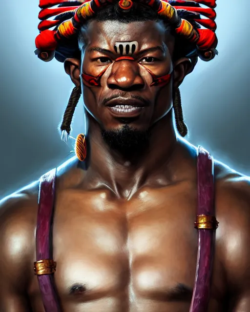 Image similar to face portrait of jimmy butler as a muscular ronin samurai, wearing a haori, by wlop and peter mohrbacher, dramatic action pose, extremely detailed shading, concept art, digital painting, trending on artstation, unreal engine 5, octane render, atmosphere, glow, cinematic lighting, full of color