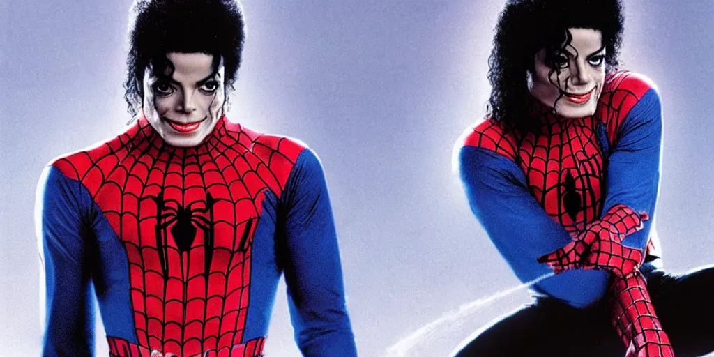 Image similar to Michael Jackson Bad 1980s wears a Spider-Man costume without a mask, Sony, michael jackson movie poster, MCU, Marvel, ultra realistic, 4K, movie still, UHD, sharp, detailed, cinematic, render, modern