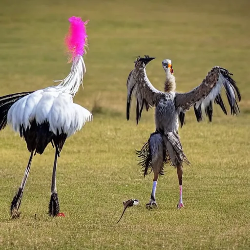 Prompt: secretary bird and an ostrich, fighting each other, in a fantasy field made of cotton candy