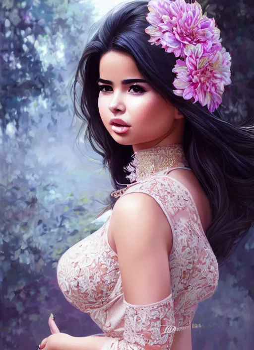 Image similar to dreamlike luxury stunning demi rose portrait wearing kebaya, art by artgerm, wlop, loish, ilya kuvshinov, 8 k realistic, hyperdetailed, beautiful lighting, detailed background, depth of field, symmetrical face, frostbite 3 engine, cryengine,