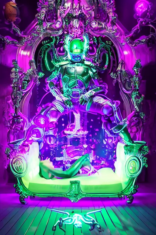 Image similar to fantasy rococo and cyberpunk style white neon statue of a muscular attractive tan male macho dotado android reclining sim roupa con piroca dura, glowing pink face, white baseball cap, green steampunk lasers, emeralds, swirling white silk fabric. futuristic elements. prismatic liquid rainbow light, full-length view. space robots. human skulls. throne made of bones, intricate artwork by caravaggio. Trending on artstation, octane render, cinematic lighting from the right, hyper realism, octane render, 8k, depth of field, 3D