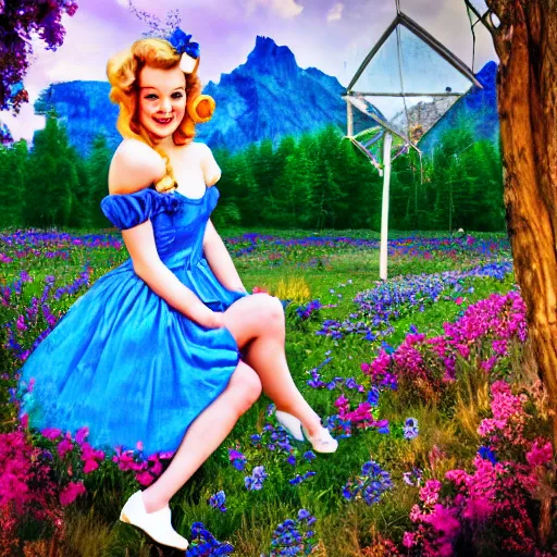 Prompt: giant alice in wonderland, pin up, houses, trees, mountains, woman, city, digital art, photo, blue dress, photoshop, flowers, collage, river, below