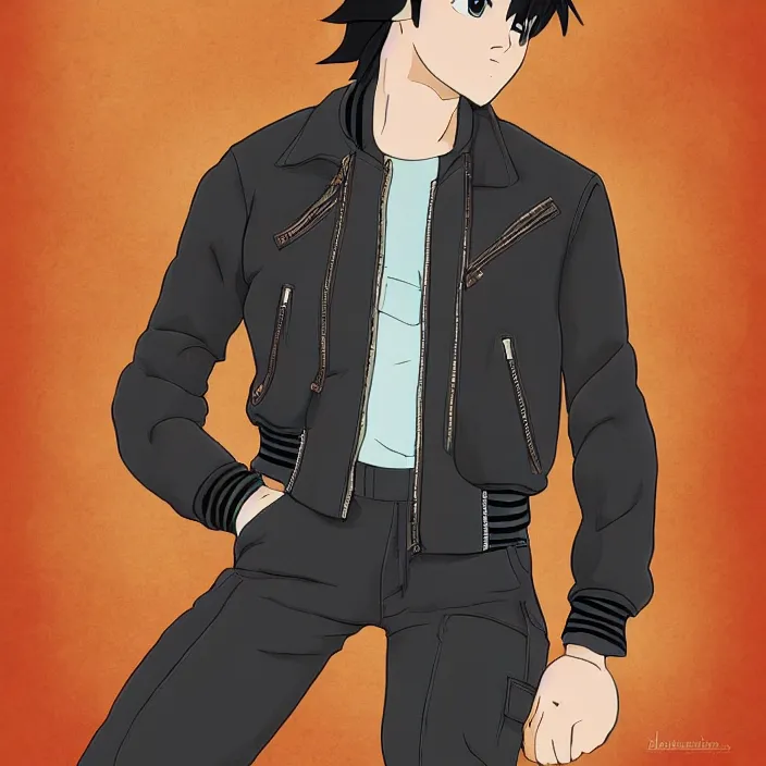 Image similar to cantido joseph nandaba wearing a leather bomber jacket, black sweatpants, studio ghibli, character design, high resolution