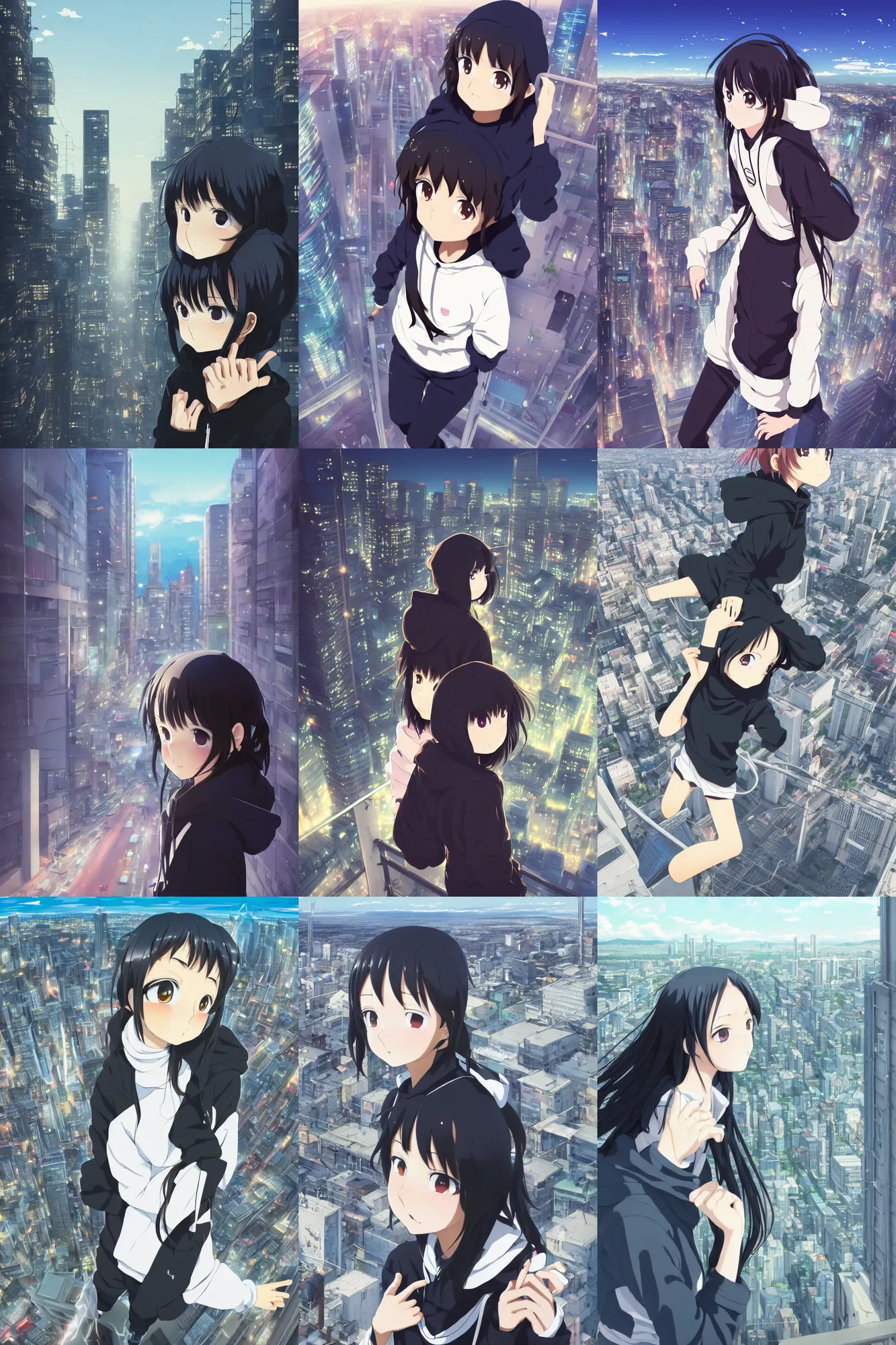 Prompt: anime visual, portrait of a young black haired sole girl wearing hoodie sightseeing above the urban city, guardrail, cute face by yoh yoshinari, katsura masakazu, dramatic lighting, dynamic pose, dynamic perspective, strong silhouette, ilya kuvshinov, anime cels, 1 8 mm lens, fstop of 8, rounded eyes, moody, detailed