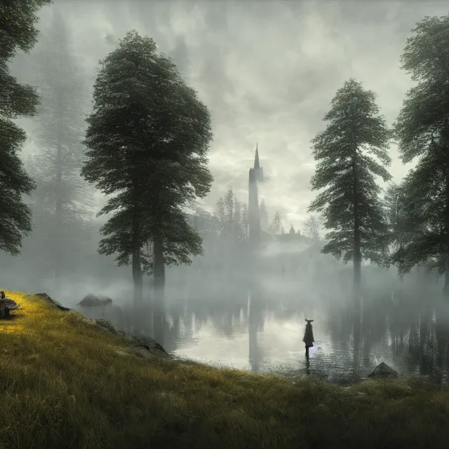 Image similar to a tower emerging from a lake, fog, fir trees, dramatic atmosphere, gloomy, yellow light in the clouds, medieval adventurers in lord of the rings scenery landscape, reflections, highly detailed, cinematic lighting, perfect composition, 4 k, gustave dore, derek zabrocki, greg rutkowski, belsinski, octane render