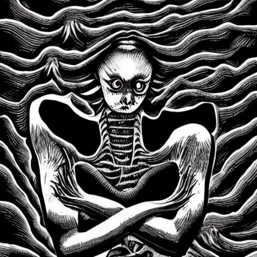 Image similar to black and white illustration creative design, monster, junji ito, body horror