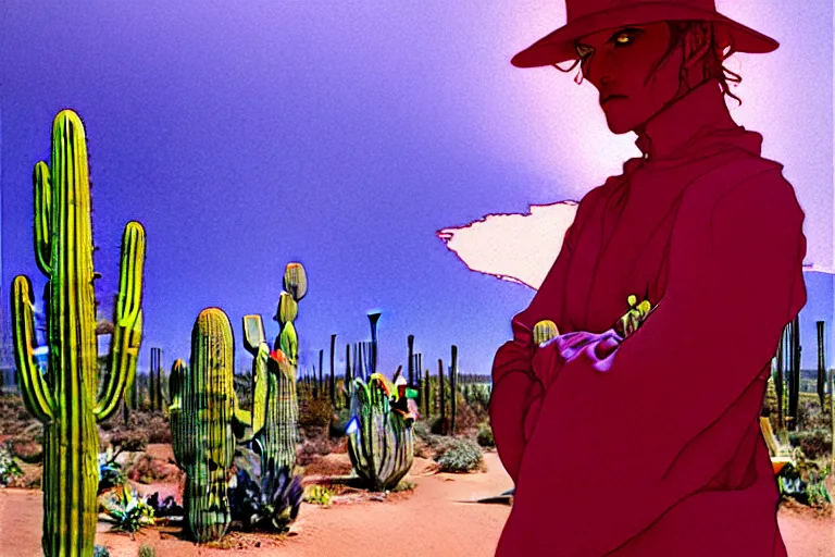 Image similar to a hyperrealist watercolour character concept art portrait of shadow figure, there is a strange light in the sky, utah desert highway. roses. neon lights. cactus. by rebecca guay, michael kaluta, charles vess and jean moebius giraud