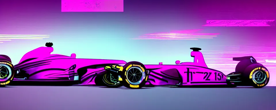 Image similar to abstract illustration of a formula one car, synthwave, purple and pink, motion blur, light streaks, octane render, depth of field