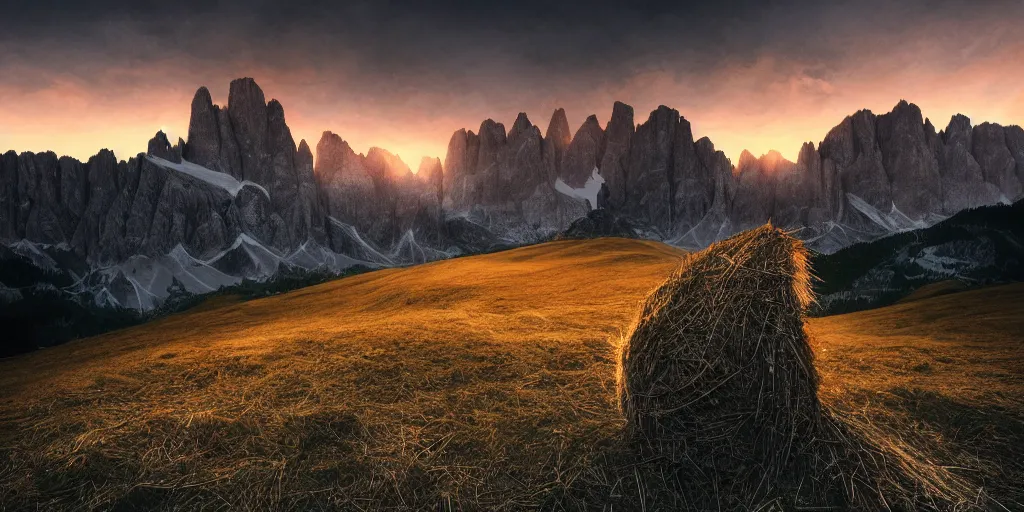 Prompt: beautiful sunrise in the dolomites ,roots and hay coat, dolomites in background, dark, eerie, despair, portrait photography, artstation, digital art, concept art, artstation, highly detailed, sharp focus, by caravaggio