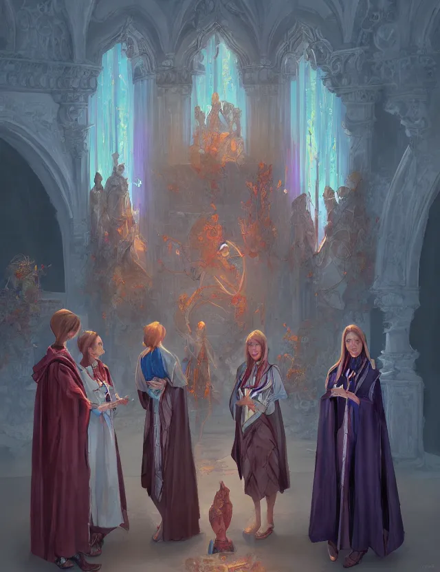 Prompt: the order of sisters of divinity. this oil painting by the award - winning concept artist has cinematic lighting, an interesting color scheme and intricate details.