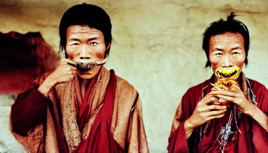 Image similar to 7 0 s movie still of a tibetan man with a spider in the mouth, cinestill 8 0 0 t 3 5 mm eastmancolor, heavy grain, high quality, high detail