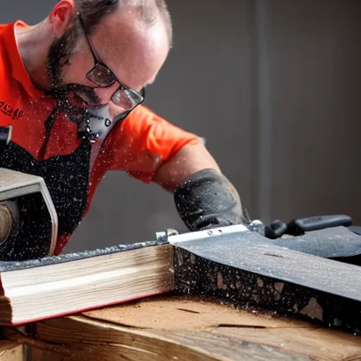 Image similar to man with chainsaw cutting a book in half, dust flying