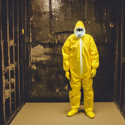 Image similar to a man wearing a yellow hazmat suit inside the very dark empty unsettling creepy backrooms, liminal space, flickering fluorescent lights, eerie mood