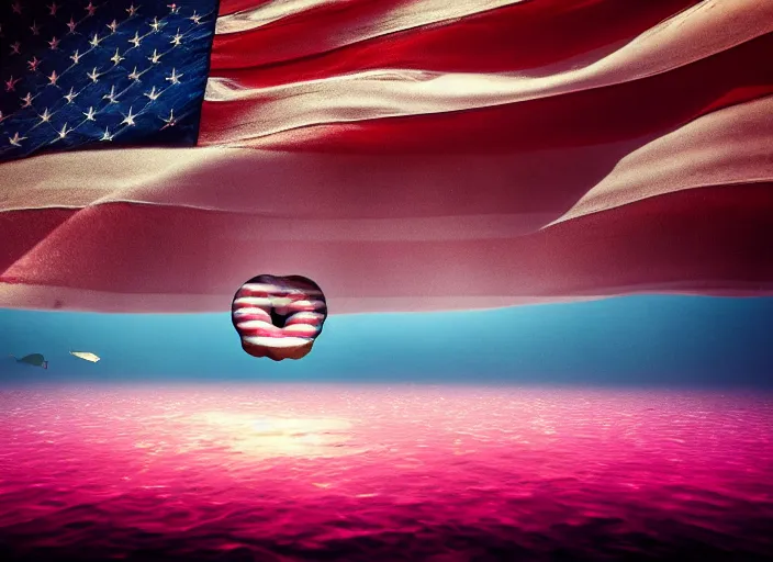 Image similar to a pink donut with an american flag sticking out of it in an underwater desert. a submarine is visible in the distance. dark, concept art, cinematic, dramatic, atmospheric, 8 k, trending on artstation, blue, fish, low visibility, light rays, extremely coherent, bubbles, fog, ocean floor, christopher nolan, interstellar