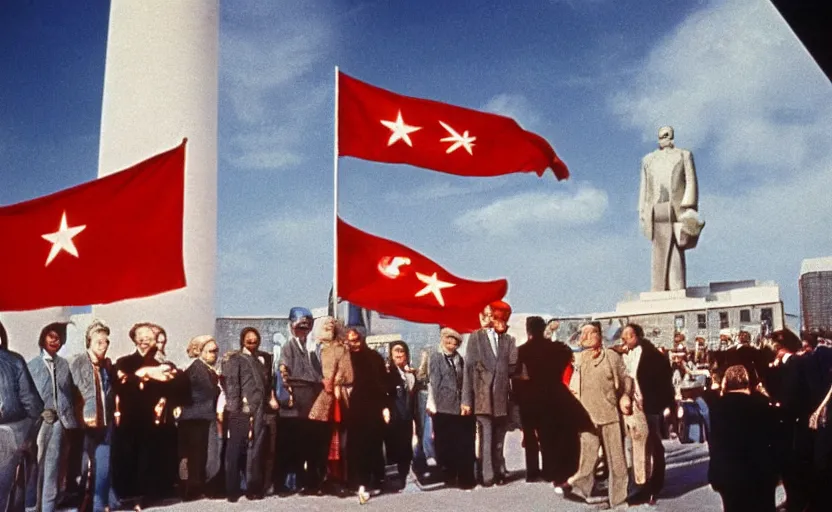 Image similar to 60s movie still of the great soviet's congress with CCCP flags and a statue of Lenin, by Irving Penn , cinestill 800t 10mm eastmancolor, heavy grainy picture, very detailed, high quality, 4k, HD criterion, precise texture