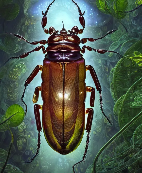 Image similar to intricate ornate opulent transparent clear see - through portrait of a playful beautiful alien beetle, fractal, adorable, childlike, overgrown biopunk jungle environment, ultra realistic, concept art, art nouveau, photorealistic, octane render, 8 k, unreal engine. art by christopher marley and artgerm and greg rutkowski and alphonse mucha