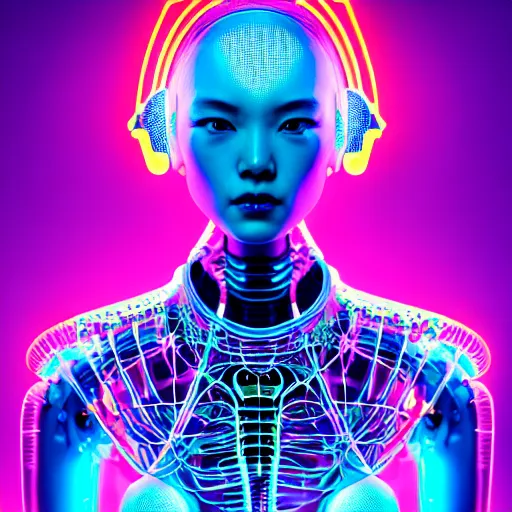 Prompt: half body portrait of an absurdly attractive, graceful, sophisticated, asian cyberpunk mechanoid fashion idol, hyperdetailed illustration by irakli nadar, maria borges, matt wisniewski style, intricate linework, neon jellyfish spandex, carved bone ruff, fine art photography portrait, global illumination, radiant light