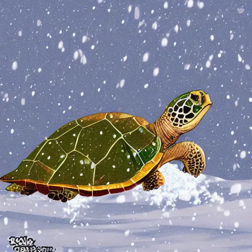 Prompt: giant turtles snow boarding