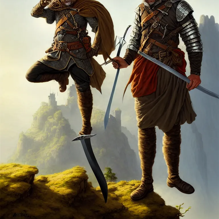 Image similar to middle age ranger with rugged expresions falcon pet on his sholder holding a long sword, top a cliff observing old ruins of a castle, elegant clothing, photorealistic render, matte patining, highly detailed, artstation, smooth, sharp focus, art by michael whelan, artgerm, greg rutkowski