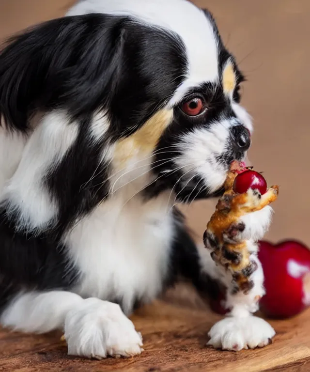 Image similar to black and white japanese chin dog eating cherry muffins