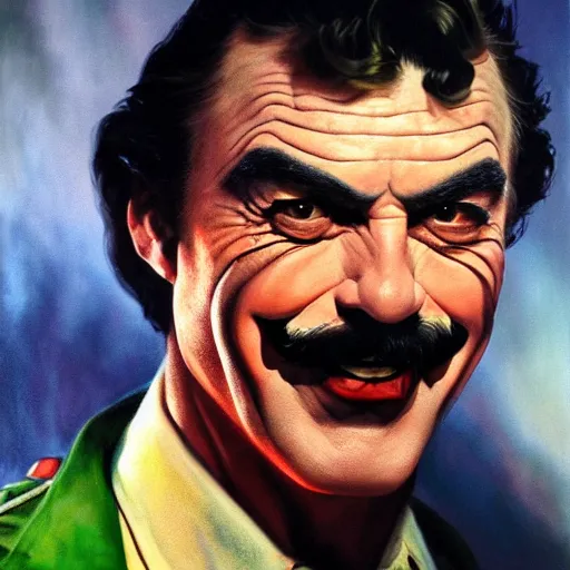 Image similar to ultra realistic portrait painting of tom selleck as the joker, art by frank frazetta, 4 k, ultra realistic, highly detailed, epic lighting