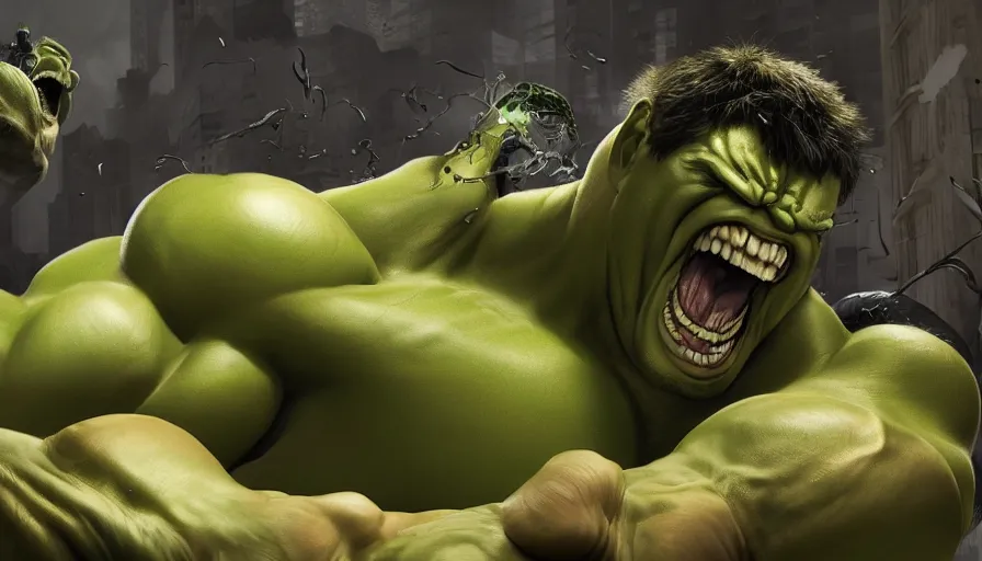 Image similar to Hulk fighting Venom, hyperdetailed, artstation, cgsociety, 8k