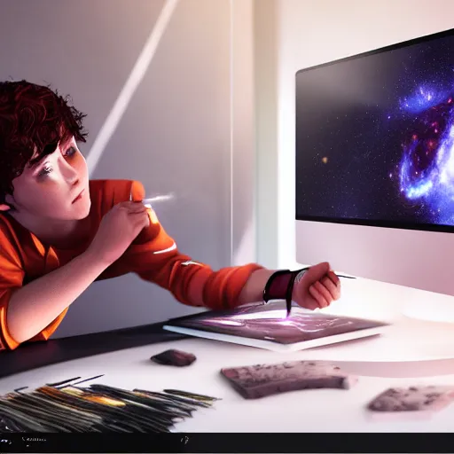 Image similar to a young male mage creating a universe in his PC, hyperrealistic, extremely detailed, award-winning art, trending on Artstation