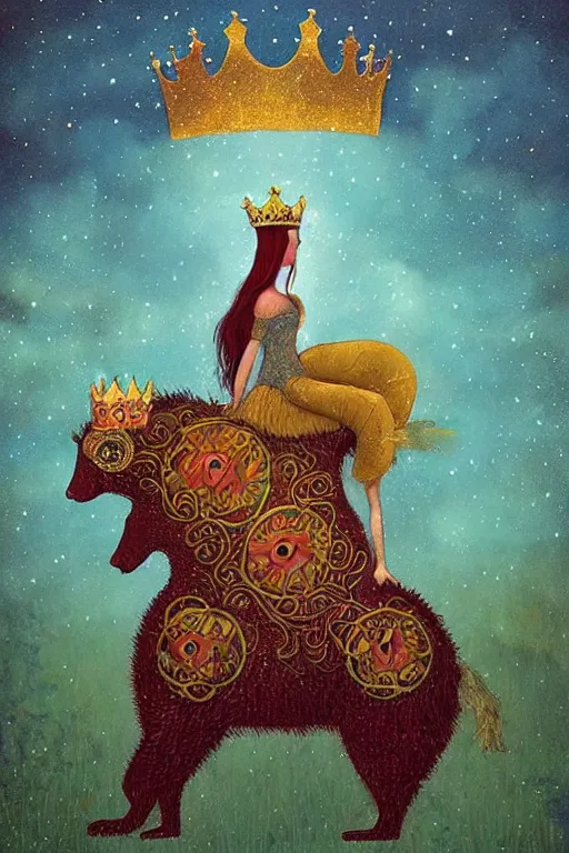 Prompt: surreal medieval princess with a crown riding a bear, nostalgia for a fairytale, magic realism, flowerpunk, mysterious, vivid colors, by andy kehoe, amanda clarke