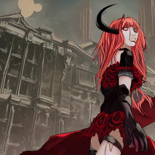 Prompt: super mad demon girl with demon horns in a pretty black dress and blood on it in front of a dystopia city, beautiful high detail picture